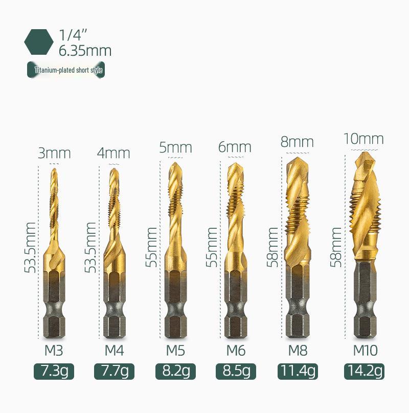 Yunbei Titanium-Plated High-Speed Steel Spiral Tap Drill with Hexagonal Shank