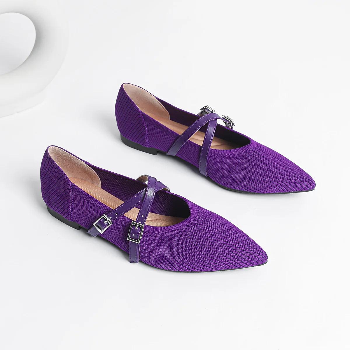 

Women Mary Jane Shoes Pointed Toe 2025 Spring Shallow Cross Strap Women Dress Shoes Breathable Knitted Mid-heel Shoes Ladies 41 фіолетовий