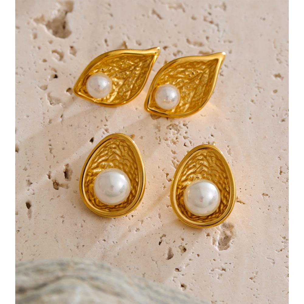 Eetit New Stainless Steel Simulated Pearls Leaf Stud Earrings 18K Golden Plated Chic Daily Jewelry Hypoallergenic