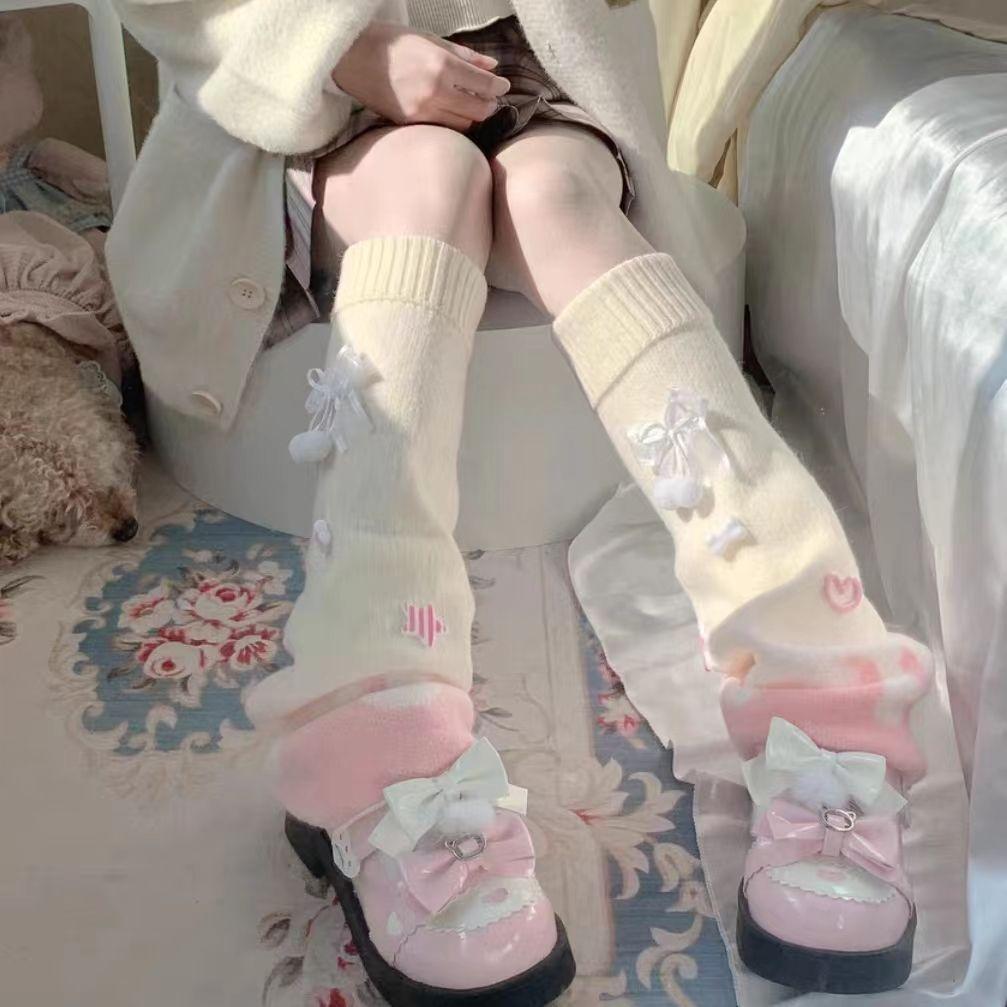 Cute Bowknot Calf Lolita Japanese-style Knitted Leg Warmers Slouchy JK Knee-high Socks Autumn Winter Warm Sweet Girl Socks