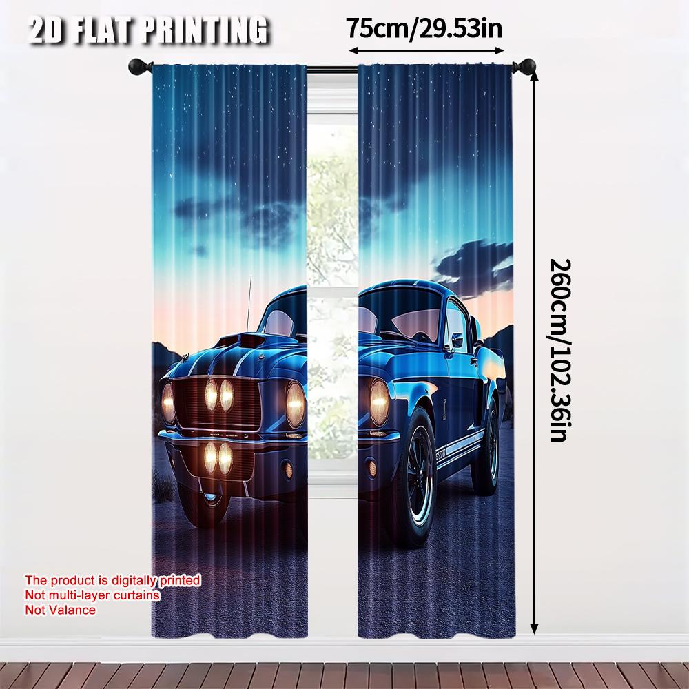 2pcs   Upscale Curtains 2D print Classic muscle car Polyester Easy Install (without rod) Thermal Insulation   and Room Darkening