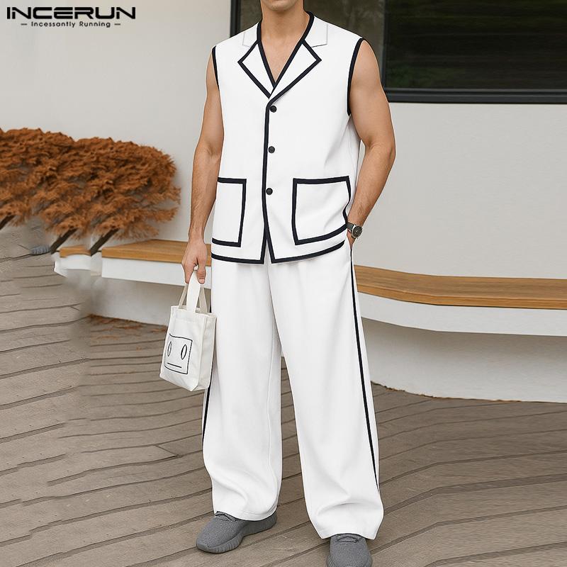 INCERUN 2PCS Men Sets Sleeveless Waistcoat and Long Straight Stitching Pants Outfits