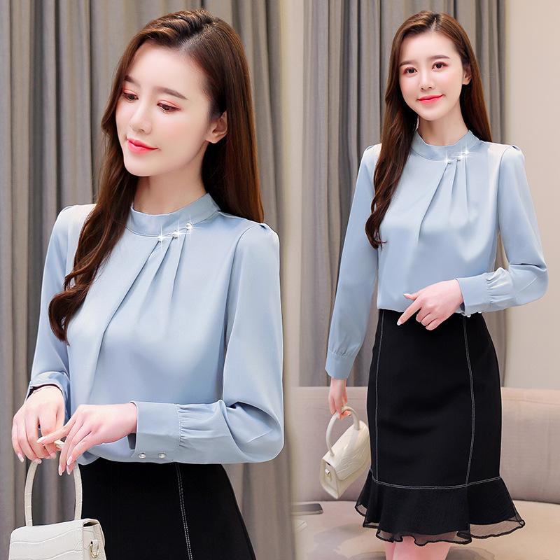 

Женская красная шифоновая рубашка - С длинным рукавом, Мода со стойкой воротником на весну 2025 2XL серебряный серый