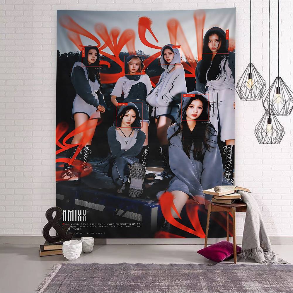 Music Group NNMIXX Anime Tapestry Hippie Flower Wall Carpets Dorm Decor Cheap Hippie Wall Hanging