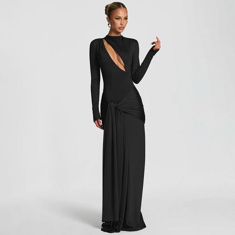 European & American Style Women s Sexy Hollow-Out Bodycon Dress - Autumn/Winter Long Sleeve Solid Color Fashion Small чёрный
