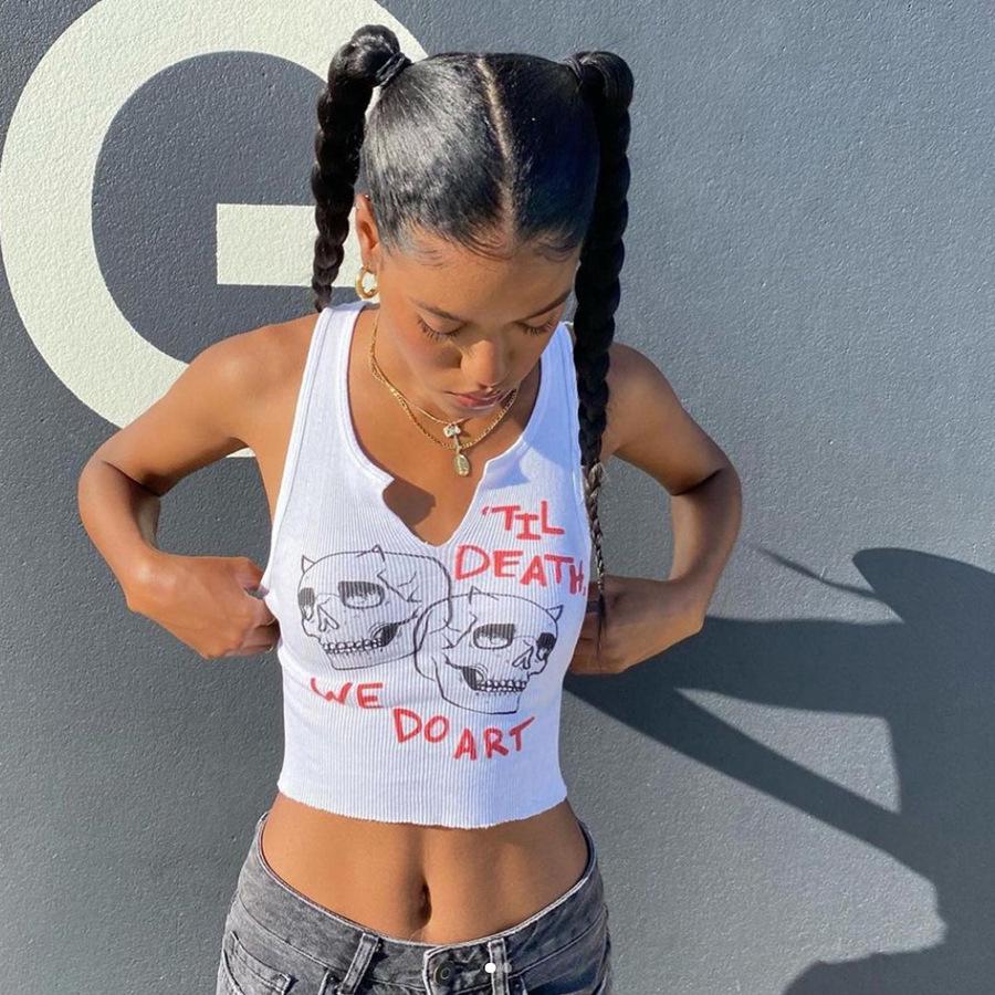 

Белая майка с V-образным вырезом и спинкой-борцовкой с принтом черепа в европейско-американском стиле Medium белый