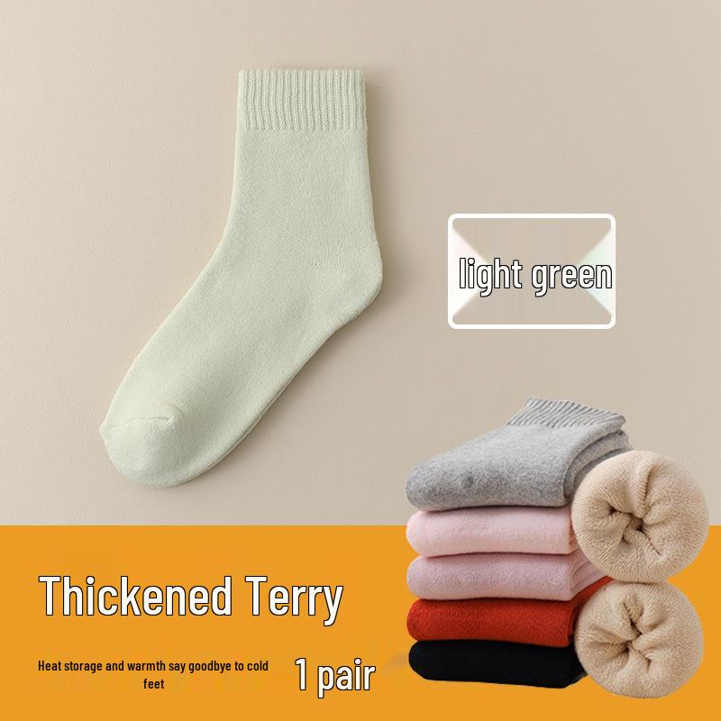 Women's Warm Autumn-Winter Mid-Calf Socks: Pure Cotton, Fleece-Lined, Thick, Heat-Retaining Sleep Socks