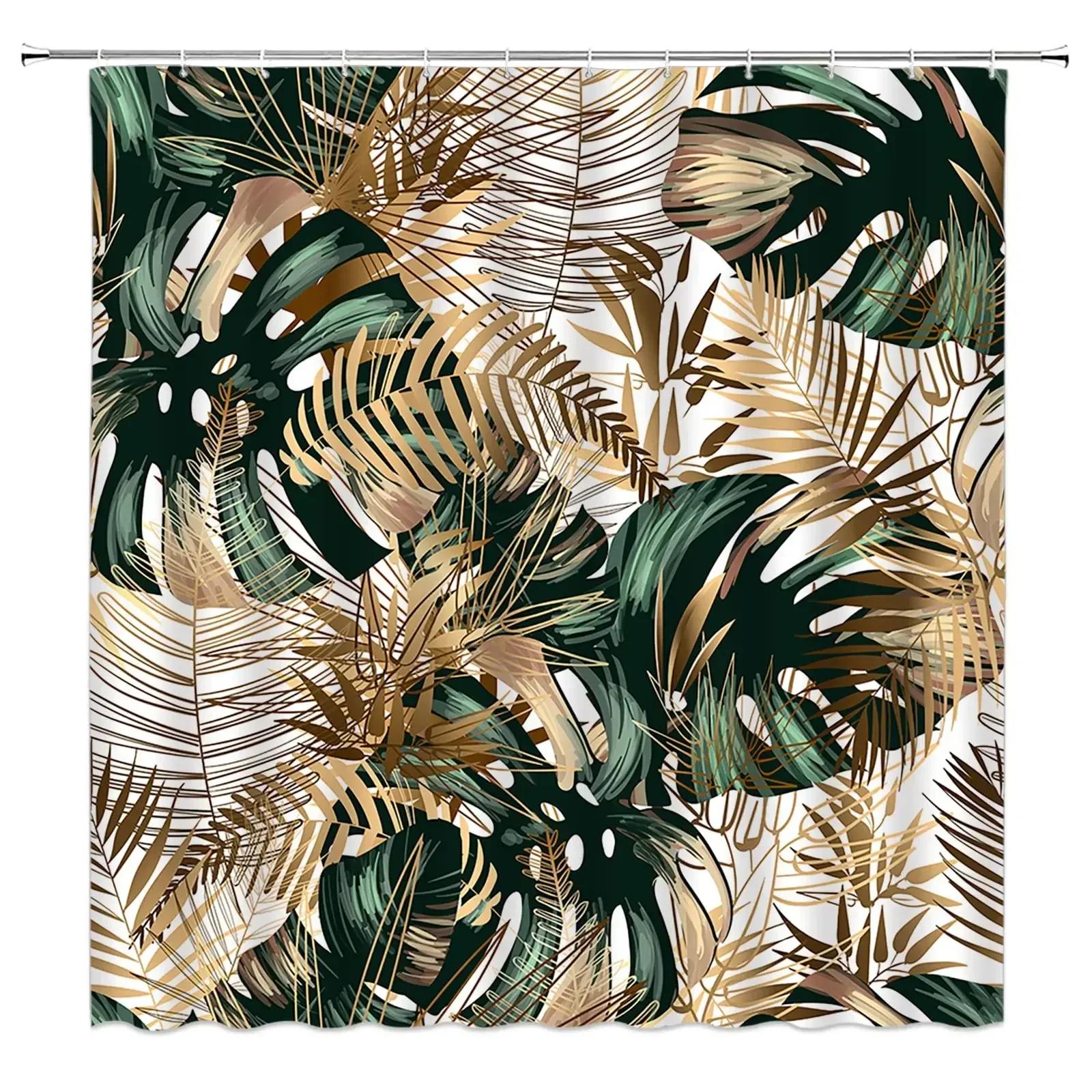 Green Hawaii Tropical Shower Curtain Green Gold Tropical Leaves Plant Fabric Bathroom Curtain Botanical Jungle Bath Curtain Set 90X180cm