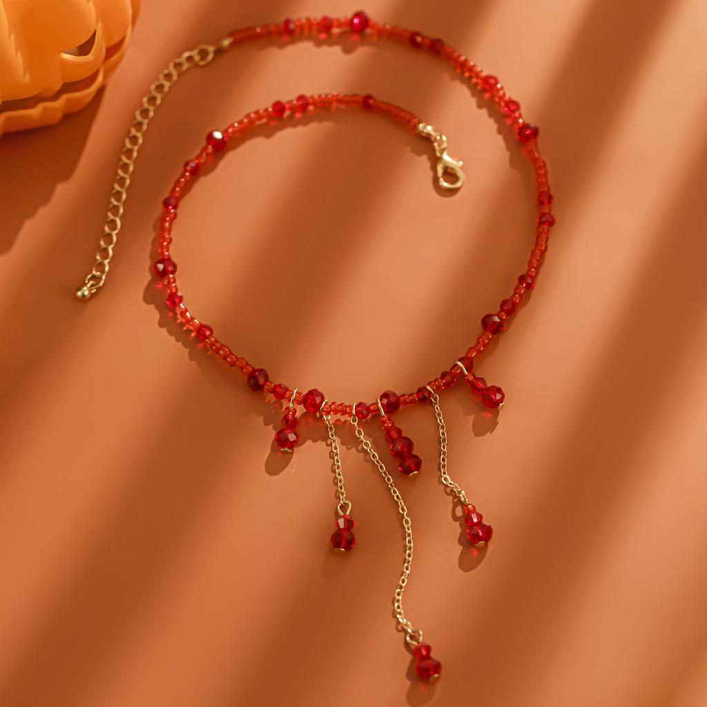 Halloween Blood Dripping Crystal Fringed Necklace, Gothic Red Beaded Collarbone Neck Chain Woman