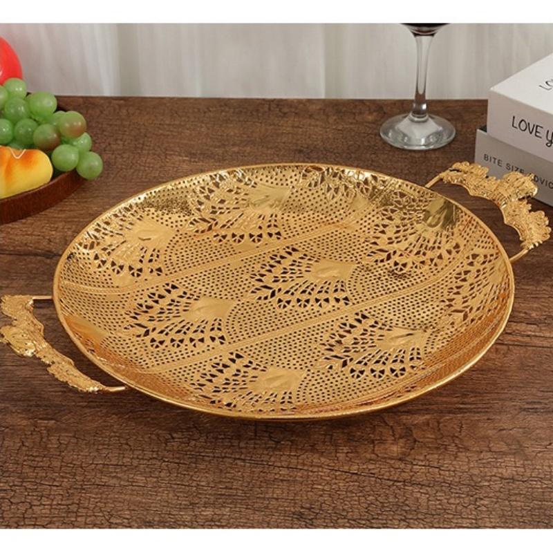 Fruit Plate, Metal Round Rectangular Relief Disc, European Metal Hollow-Out Snack Platter, Home Desktop Decoration Gift, 1pcs