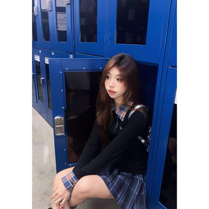 

Корейский стиль, клетчатый колор-блок, поло-воротник, костюм-двойка, длинный рукав, облегающий крой, женский, миниатюрный, весенний топ Extra Large чёрный