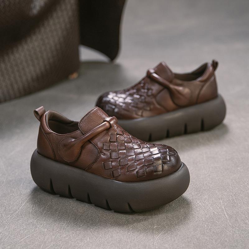 Spring Handwoven Comfortable Retro Loafers Two-Tone Full Cowhide Commuter Women Shoes