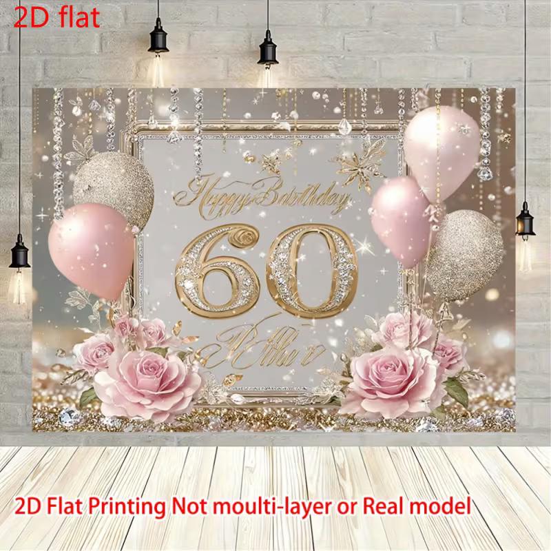 2D Pink Gold Glitter 60th Birthday Backdrop Home Party Celebration Photo Background