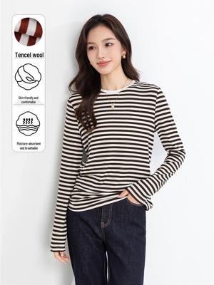 Xin Ge Striped Tencel-Wool Round Neck T-shirt - Spring 26 New Arrival, Textured, Loose Fit, Slimming Inner Layer