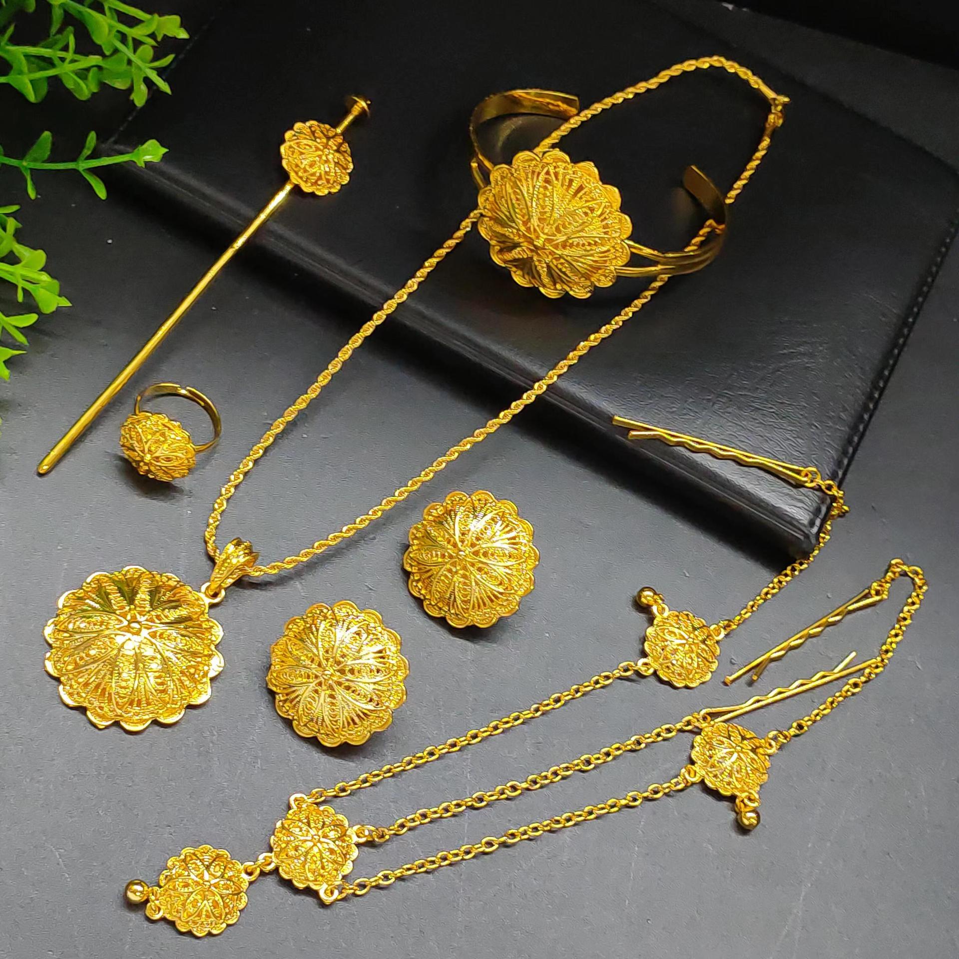 

Популярный трансграничный ювелирный набор: Ожерелье, Серьги, Браслет, Кольцо - Коллекция из 6 предметов для невесты в европейском, американском и африканском стилях 24k Gold Plated