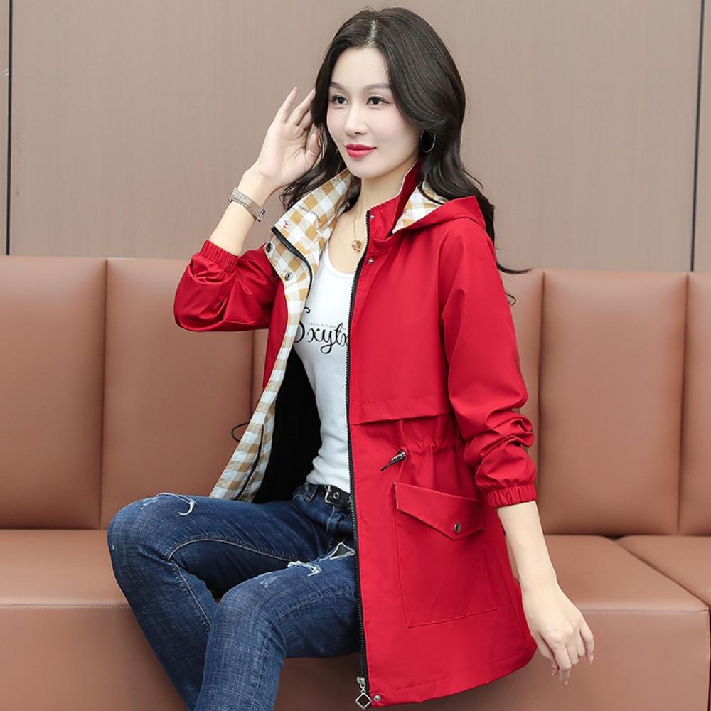 Women's Mid-Length Spring and Autumn Windbreaker – Waist-Designed Fashionable Hooded Plaid Jacket