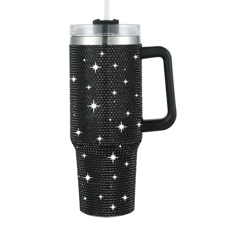 Diamond-encrusted Diamond Thermo Silver Water Cup Starbucks Cup Car Handle Cup 304 Steel Office Home