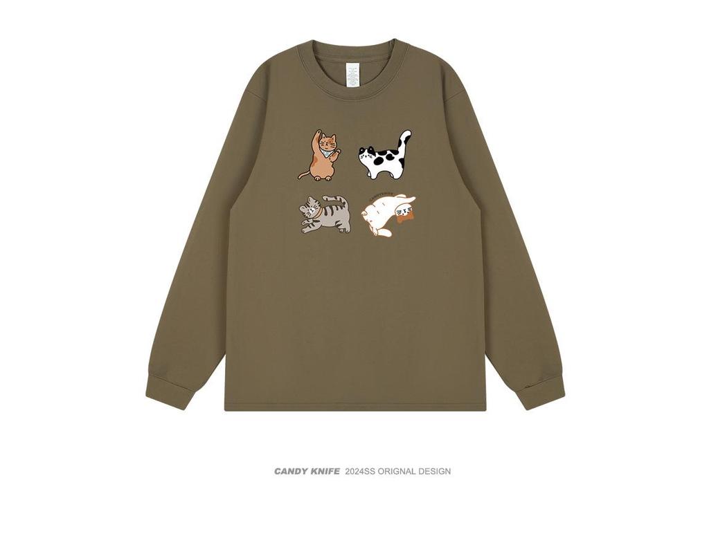 Retro Japanese Cartoon Cat Print Long Sleeve T-Shirt - Pure Cotton
