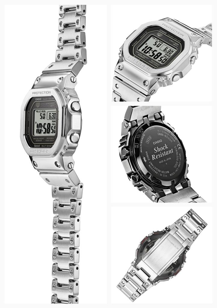 Stříbrné hodinky Casio s plně kovovým pouzdrem a solárním napájením G-Shock GMW-B5000D-1JF Pánské Bluetooth, Design, Rádiově řízené