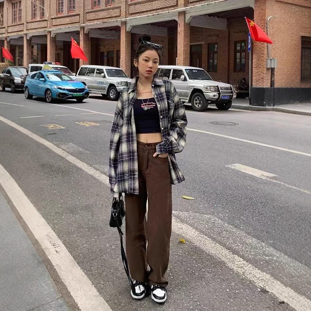 

Women s Retro Plaid Shirt Jacket – Casual, Loose, Slimming, Long Sleeve for Autumn XXL