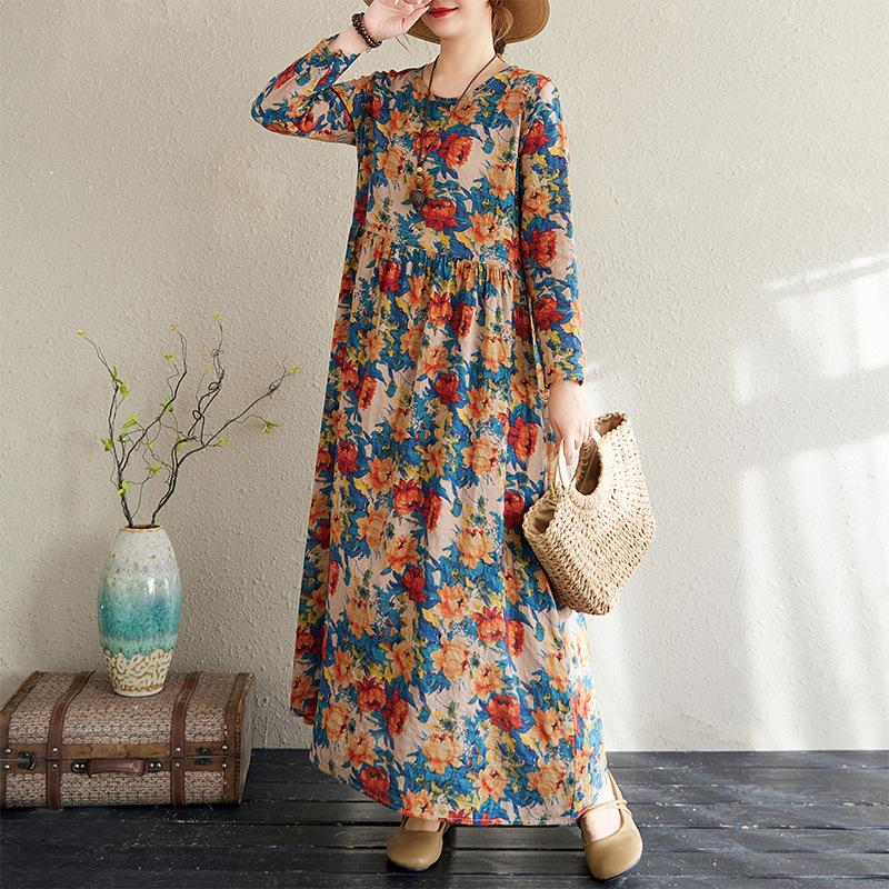 Rochie de vară cu mâneci lungi, stil floral de vacanță, stil de călătorie, guler rotund, casual, retro, cu acoperire de carne, pentru femei