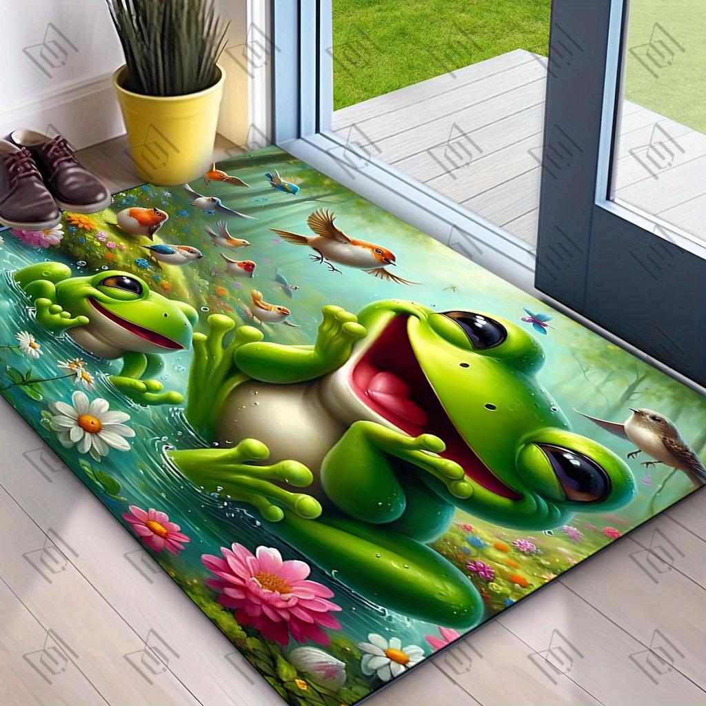 2D Flat Happy Frogs Pond Birds Flowers Flannel Door Mat Non Slip Cute Animal Rug For Entryway Bathroom Floor Decor