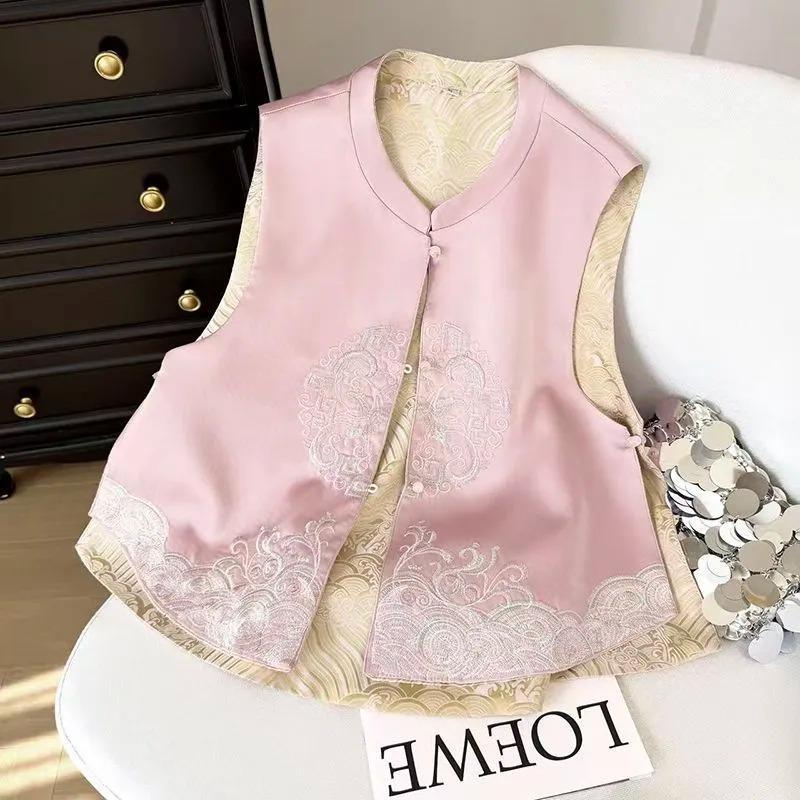 Women s Chinese Style Embroidered Vest Reversible Jacquard Stand Collar Sleeveless Waistcoat XL розовый