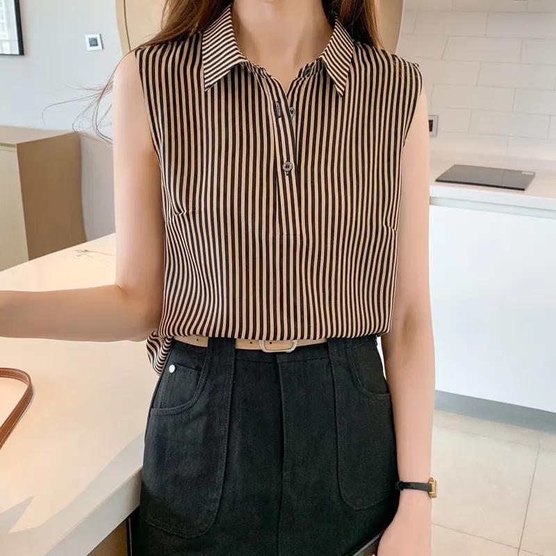 Women's Summer Sleeveless Chiffon Striped Vest Buttoned Lapel Commuter Bottom Shirt