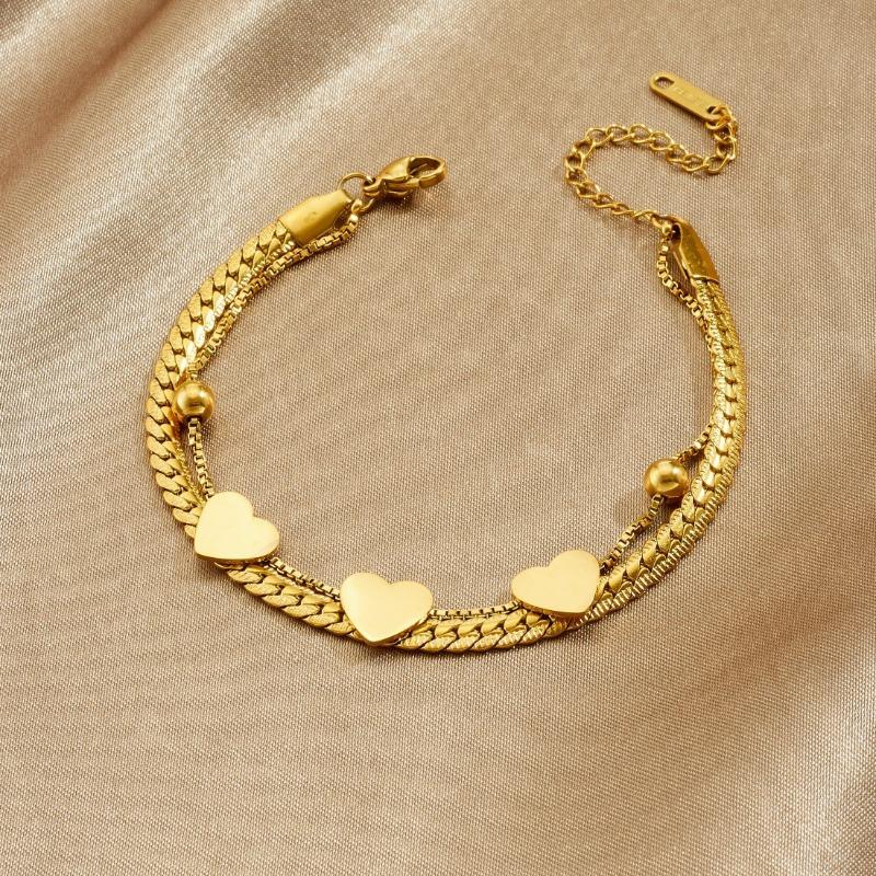 Gold Plated Stainless Steel Double Layer Heart Charm Bracelet for Women