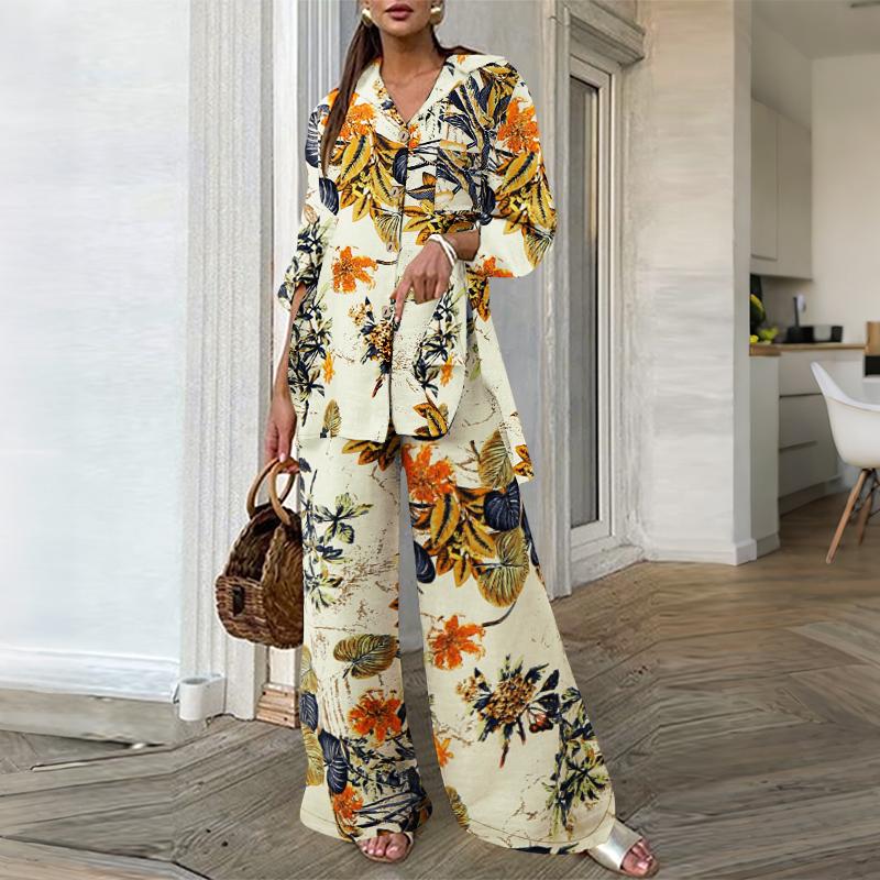 

ZANZEA Женские хлопковые наряды Блузка с длинным рукавом и брюки с принтом Комплекты из двух предметов 4XL жёлтый