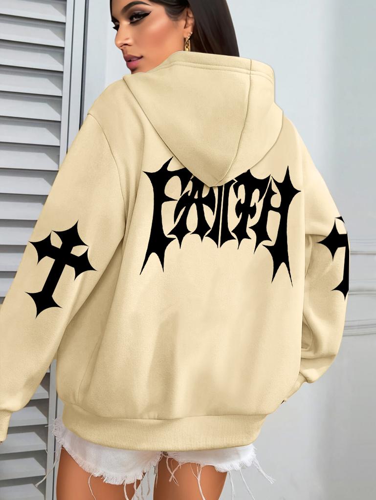 Kreatives Glaubenskunst Briefdruck Kapuzenpullover Damen Hip Hop Herbst Kapuzenpullover Tasche Fleece Kleidung Y2K All-Match Lässiger Damen Kapuzenpullover