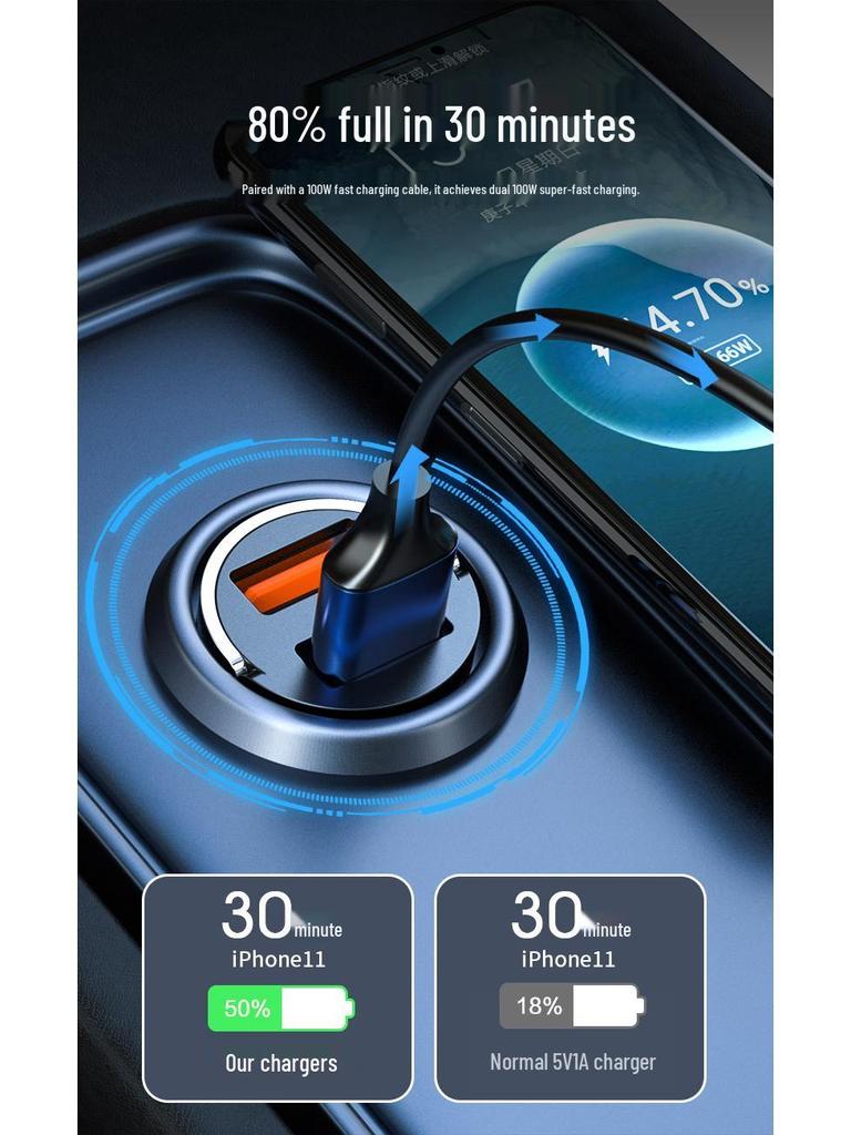 Compact Dual USB Car Charger with Pull-Ring Design - 200W Fast Charging & Multifunctional Cigarette Lighter