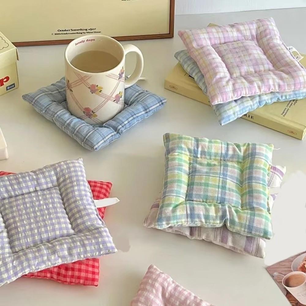Vintage Hand Made Coaster Checked Pattern Soft Insulation Mat Korean Style Aesthetic Design Placemats Home Decoration