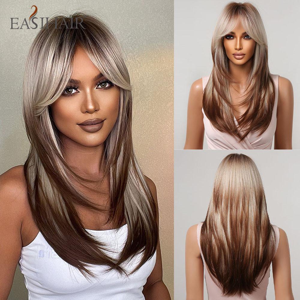 EASIHAIR Dark Brown Black Synthetic Wigs with Bangs Medium Straight Layered Natural Hairs for Women Daily Cosplay Heat Resistant