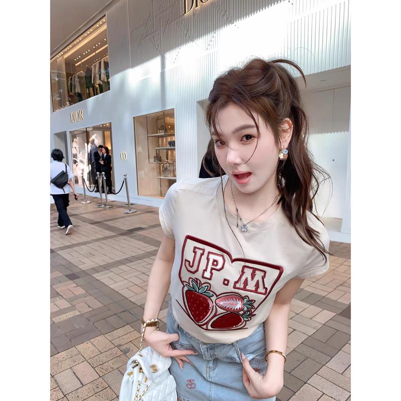 Women s Cherry Rabbit Embroidered Short Sleeve T-Shirt S