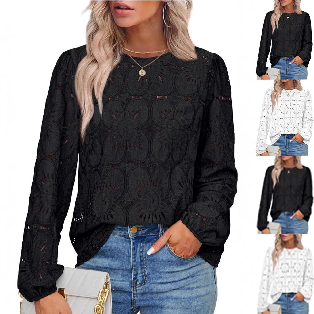 Ladies' Loose And Fashionable Versatile Hollow Lace Long Sleeved Top