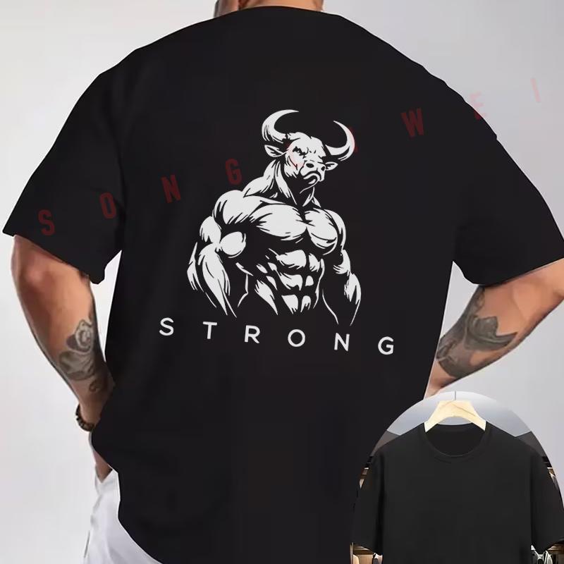 STRONG Beefy Silhouette Pattern Motorcycle T-Shirt back Print Men's Short sleeve O-neck Summer