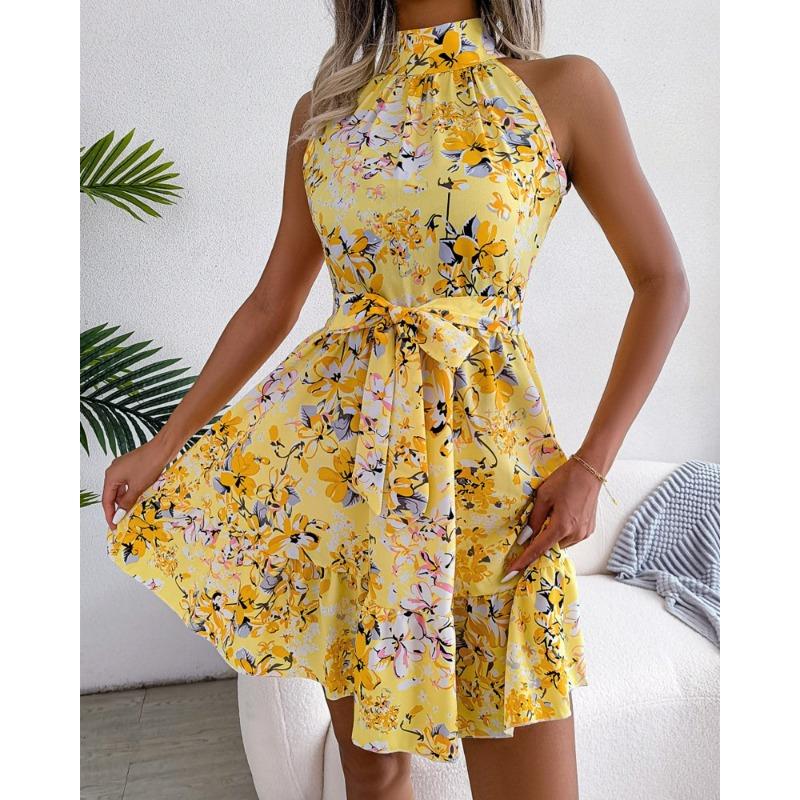 YYFS Women's Fashion Summer Spring Flower Pattern Print Sleeveless Hanging Neck High Waist Casual Dresses
