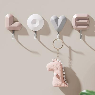 4pcs/pack Love Letters Hooks Self-adhesive Home Storage Decor Rack Punch-free Key Hat Holder Wall Hanging Space-saving Hook