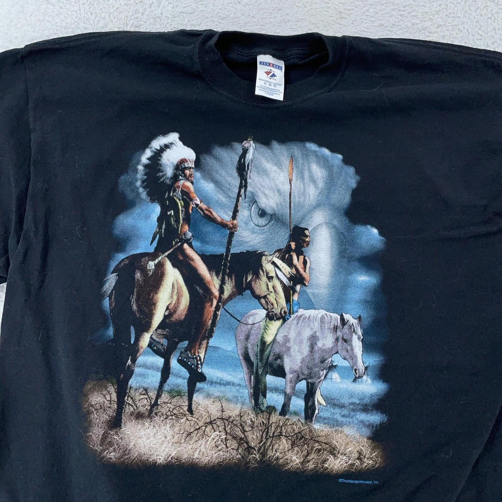 Vintage Native American Horse Riders Shirt Mens Large Black T-Shirt Eagle Biker S
