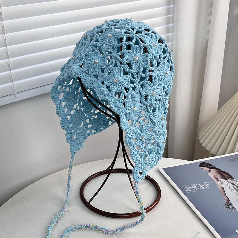 New handmade hollow knitted wool hat women's spring and autumn thin breathable face small ethnic style fringed pullover hat