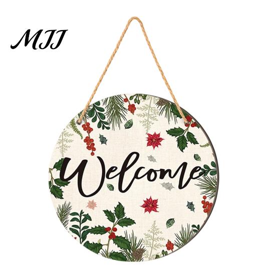 Waterproof Holiday Porch Sign Christmas Hanging Sign, Round Wooden Welcome Cute Dog Gingerbread Front Door Man for Wall Decor