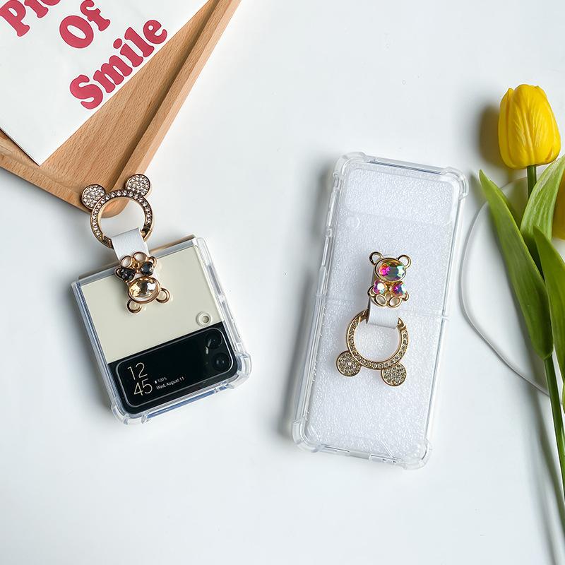 For Samsung ZFlip6 Airbag Anti-fall Flip Folding Screen Mobile Phone Case Rhinestone Bear 7 Transparent Simple Ring Ins