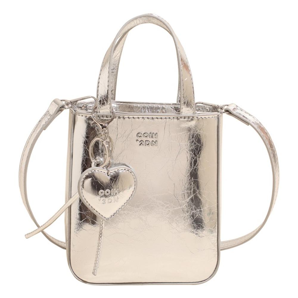 Trendy Pu Leather Shoulder Bag with Love Keychain Pendant Versatile Small Square Bag Chic High Quality Handbags for Women серебряный