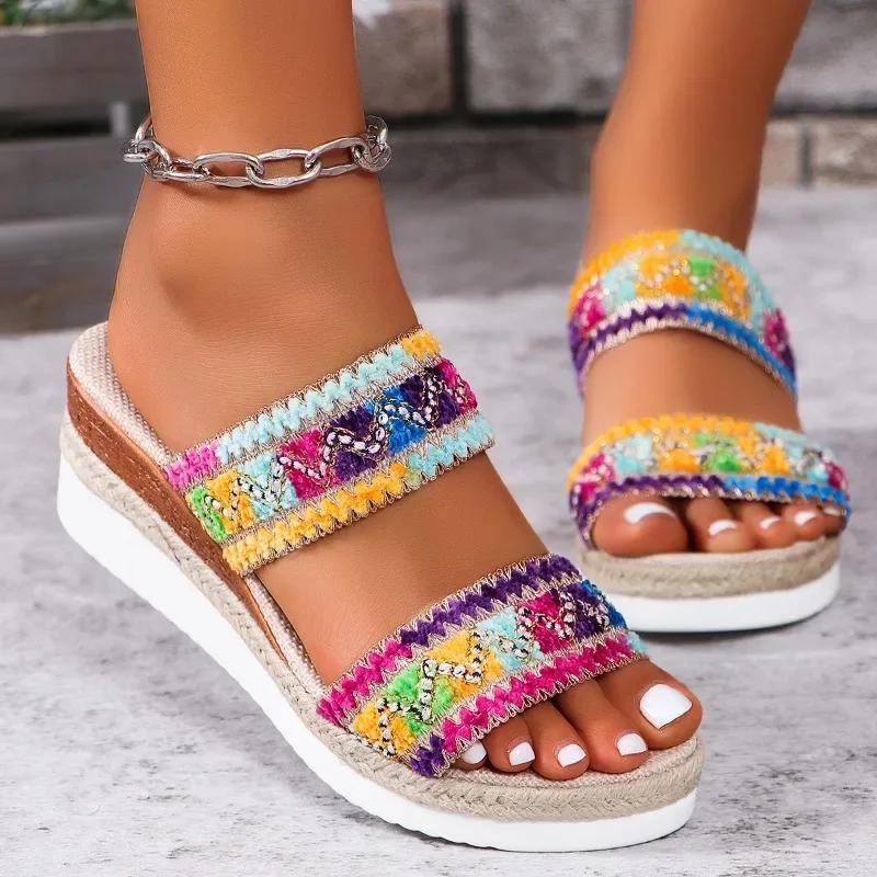 Shoes for Women 2026 Hot Sale Open Toe Women's Slippers Summer Mixed Colors Outdoor Casual Beach Wedge Slippers Large Size 43
