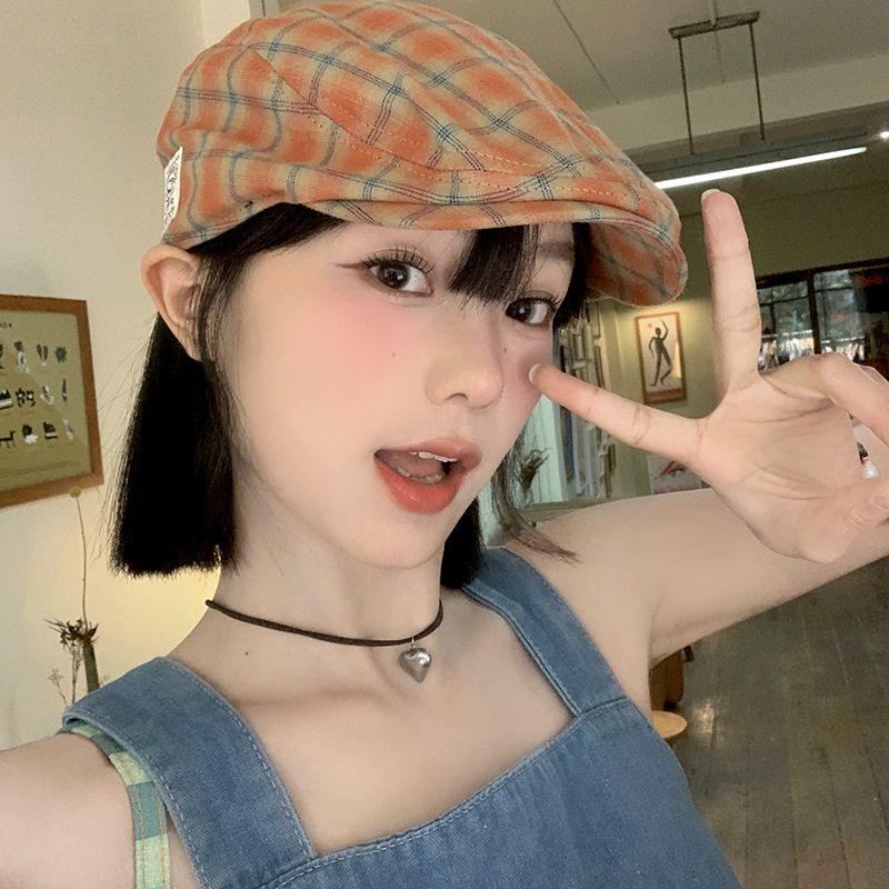 Japanese Retro Plaid Forward Hat for Women's Spring and Summer British Style Beret