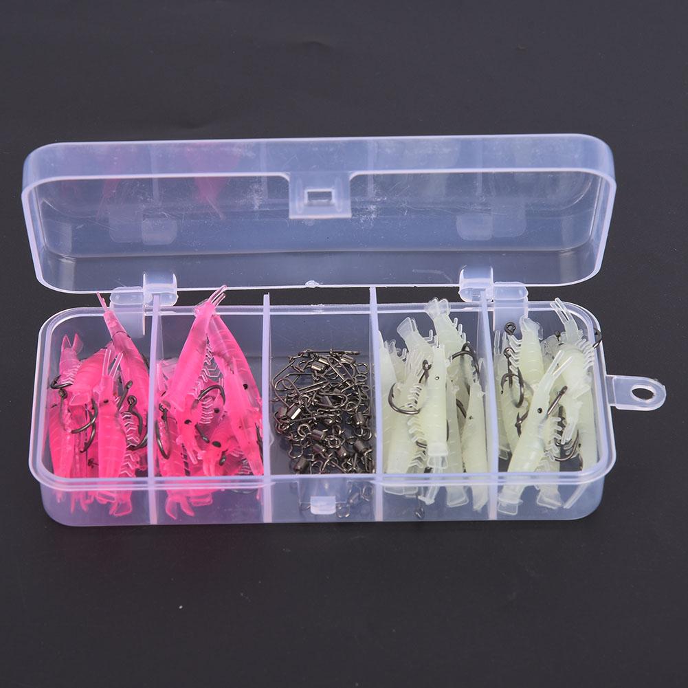T0055 60PCS Soft Plastic Lures Shrimp Bait Set Kit with Hook Connector Fishing Tackle Tools Accessory7# Hook
