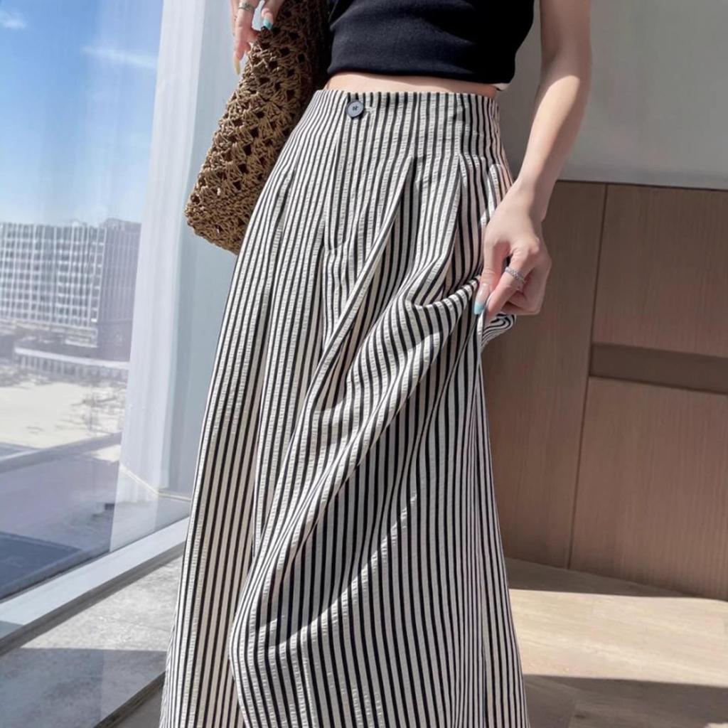 2025 Women's Ice Silk Striped High-Waisted Wide-Leg Pants for Summer