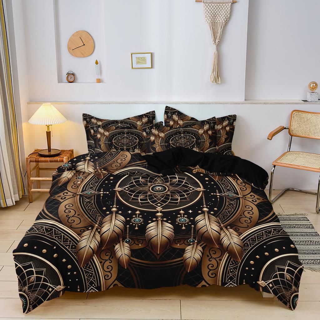 3Pcs Dreamcatcher Feather Tribal Duvet Cover Bedding Set, Western Bead Print (1 Duvet Cover + 2 Pillowcases ) For Home & Dorm
