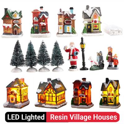 12/1 Stücke Mini Weihnachtsdorf-Szene aus Kunstharz, Haus, Desktop-Ornamente, LED-beleuchtete Miniaturdorffiguren, Weihnachtsdekoration, Ornament